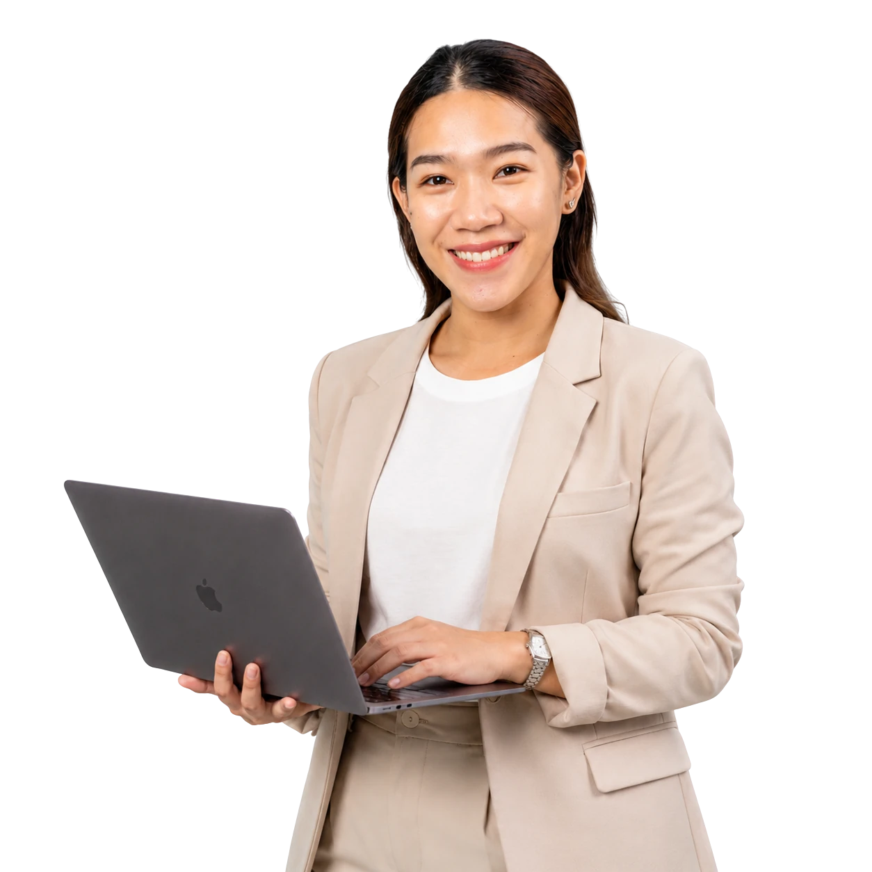 Nan, Chief Creative Officer at Marketing Bear, holding a laptop